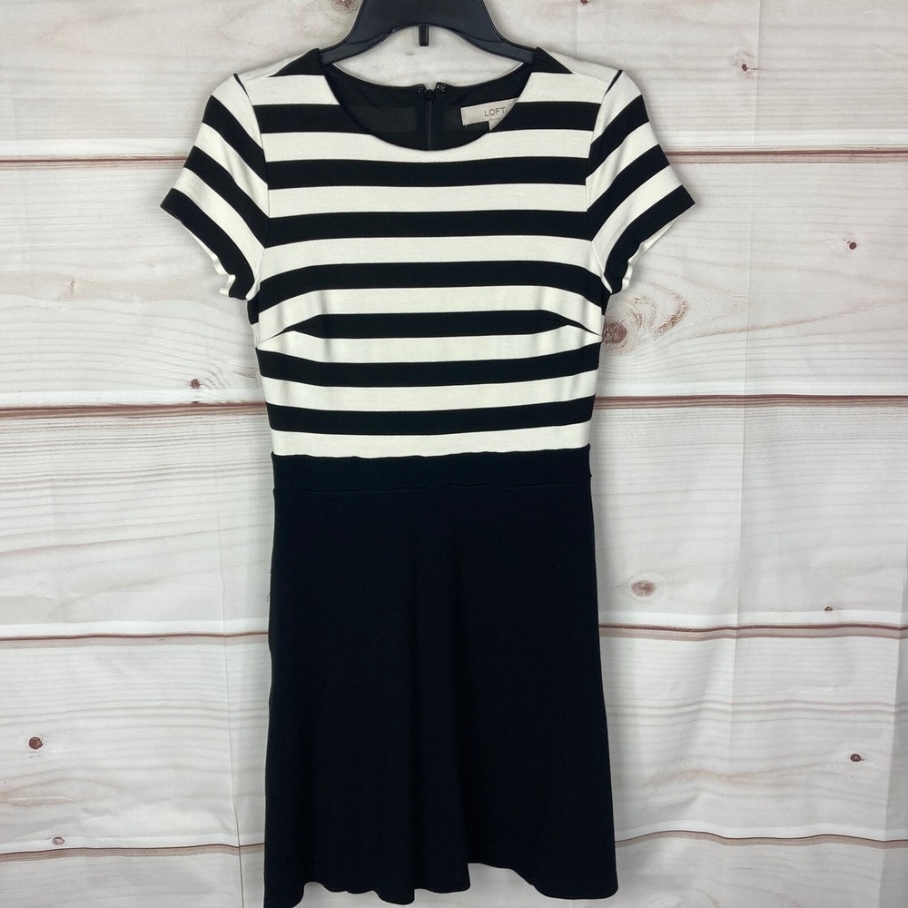 LOFT Dress Womens 2 Black Short Sleeve Ponte Knit A-Line Striped Pockets